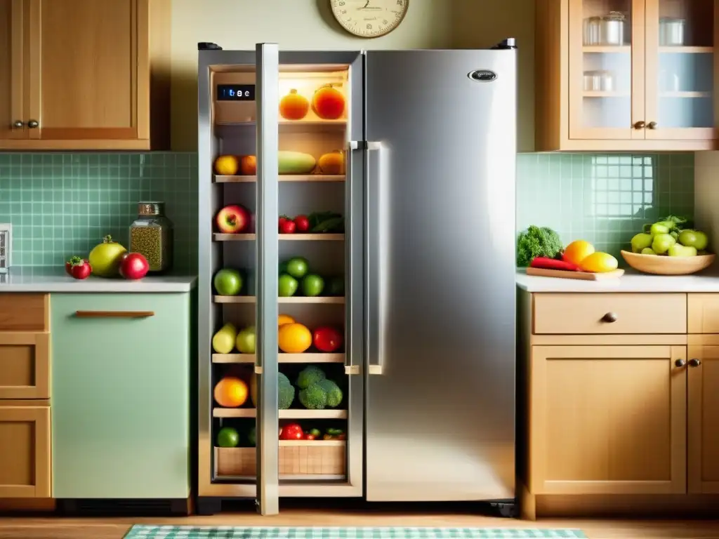 Un refrigerador plateado vintage exhibe frutas, verduras y lácteos en un ambiente acogedor