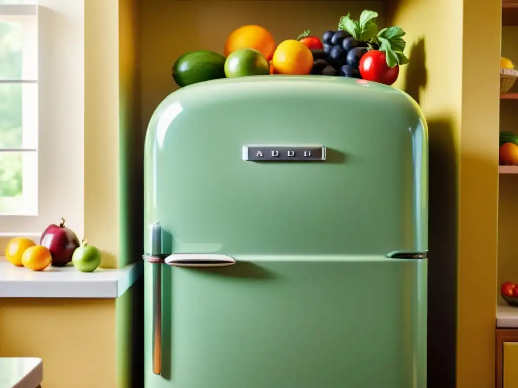 Un refrigerador vintage en una cocina soleada con frutas y verduras frescas