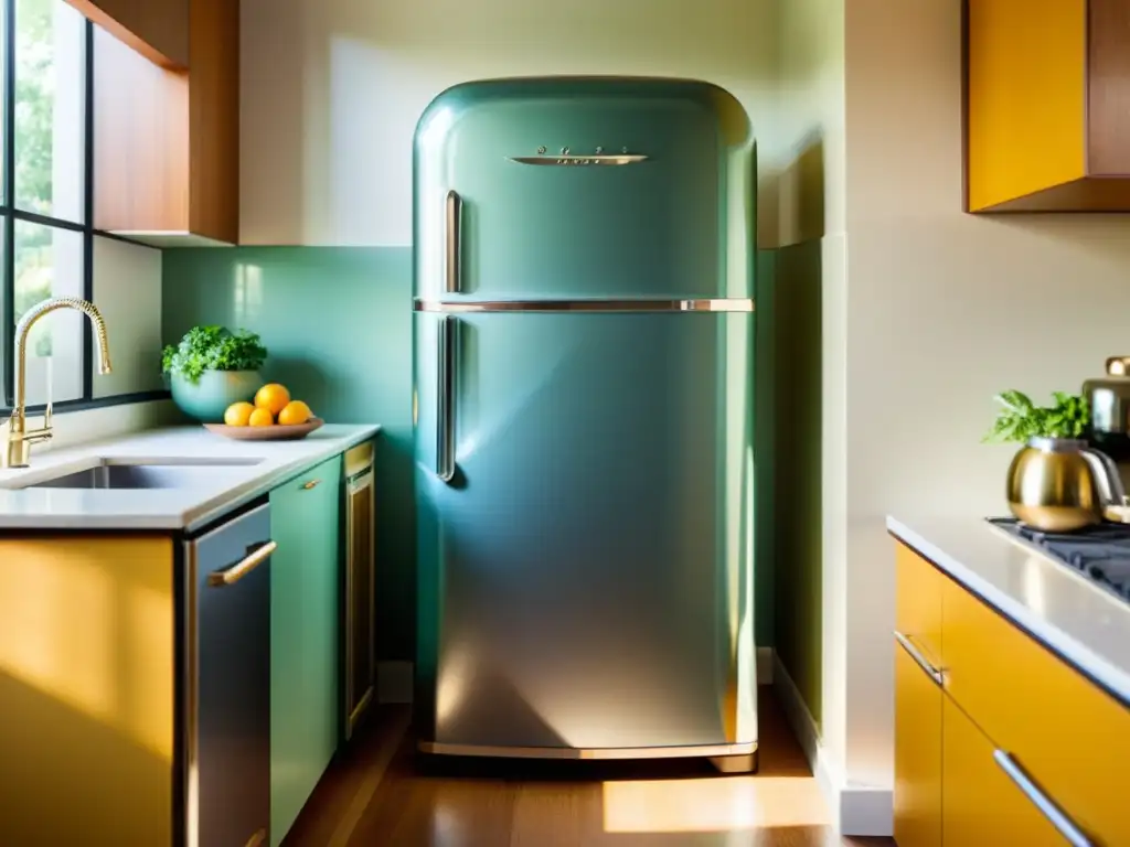 Un refrigerador vintage con un diseño cromado elegante en una cocina cálidamente iluminada, rodeado de decoración de mediados del siglo XX