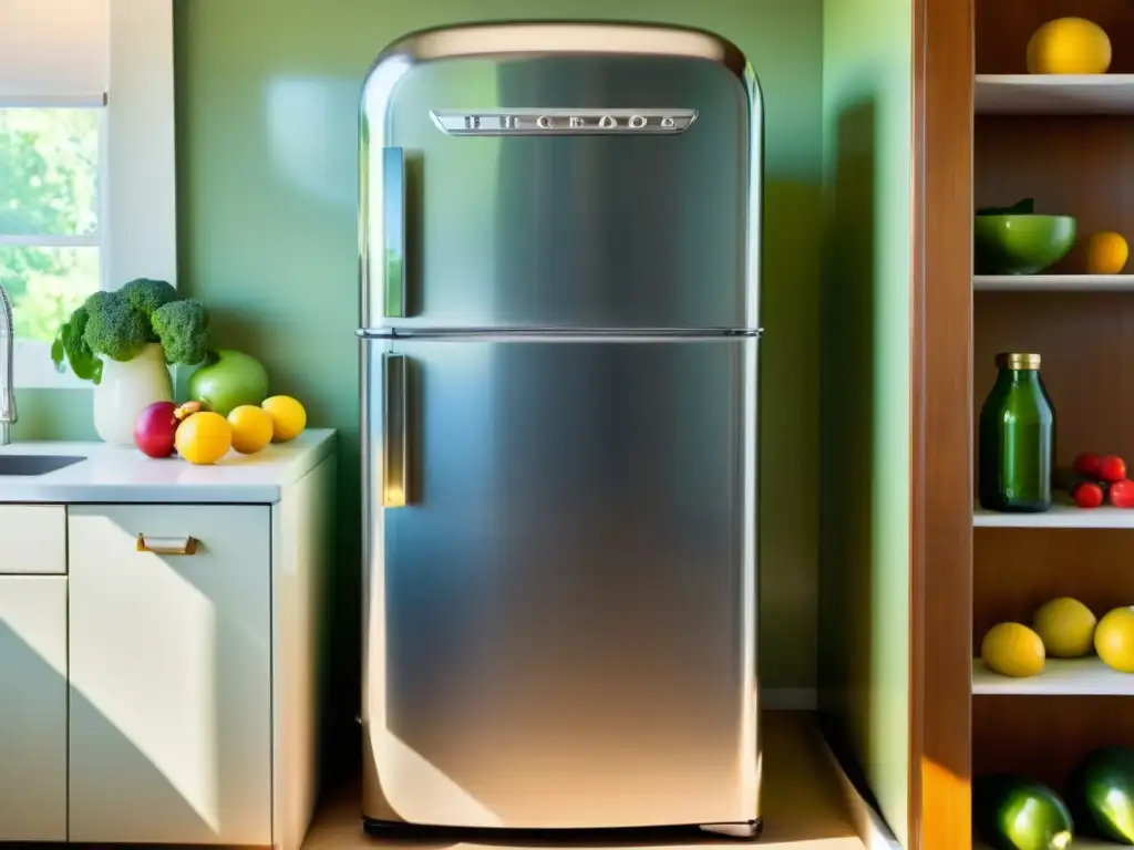 Un refrigerador vintage con un exterior cromado elegante y bordes redondeados, iluminado por la cálida luz del sol