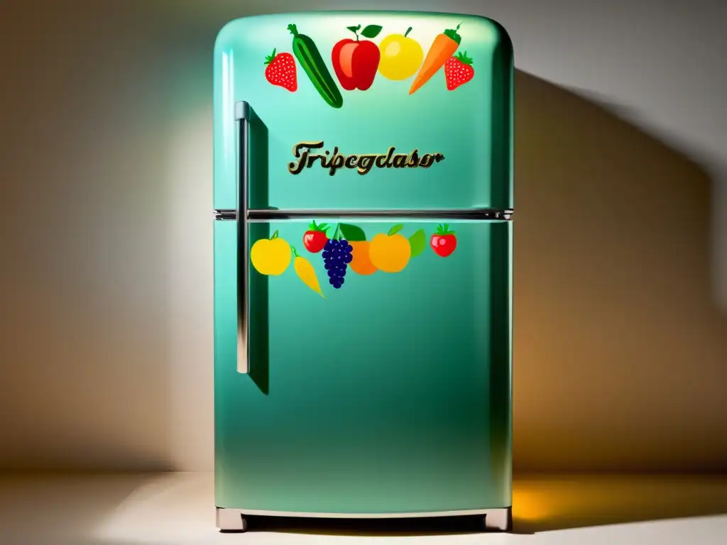 Un refrigerador vintage rebosante de frutas y verduras frescas, destacando la importancia del refrigerador en la alimentación saludable