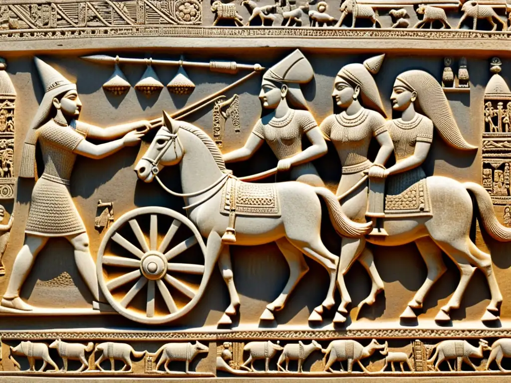 Relieve mesopotámico antiguo: tecnología de rueda y eje Relieve mesopotámico antiguo que muestra la construcción de una rueda y su evolución, con detalles intrincados y colores envejecidos