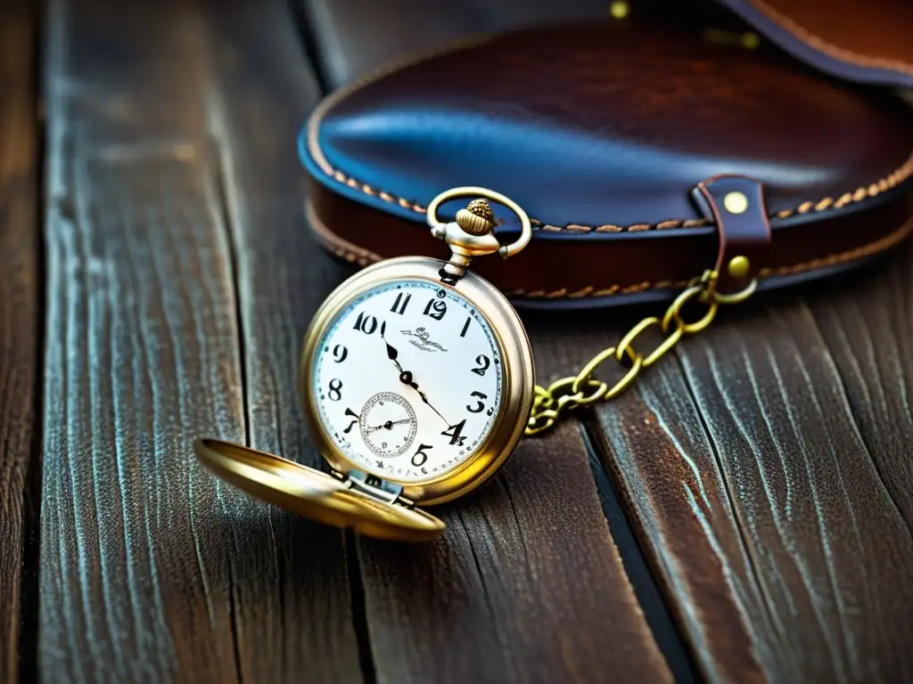 Reloj de bolsillo antiguo con grabados detallados y correa de cuero desgastada sobre una superficie de madera rústica