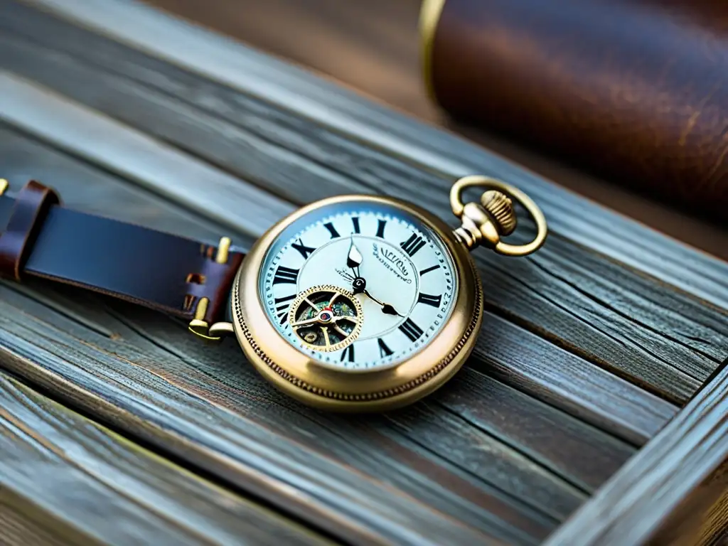 Reloj de bolsillo vintage con detalles ornamentados y pátina envejecida sobre superficie de madera