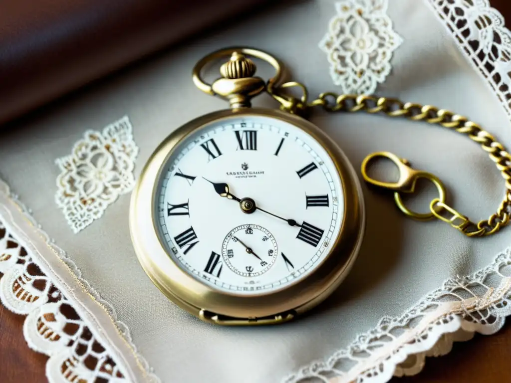 Un reloj de bolsillo vintage con detalles intrincados y correa de cuero desgastada, sobre encaje antiguo y patrones florales