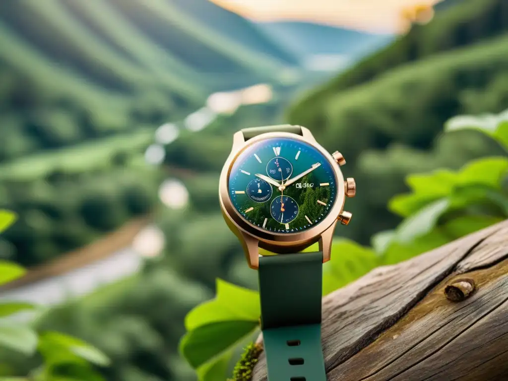 Un reloj inteligente vintage con correa de materiales ecoamigables en un bosque frondoso, fusionando tecnología y naturaleza