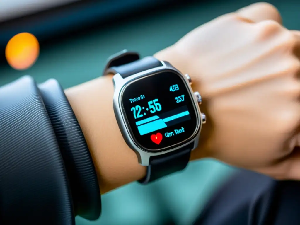 Un reloj fitness retro con diseño metálico, datos biométricos precisos y ambiente futurista en el gimnasio