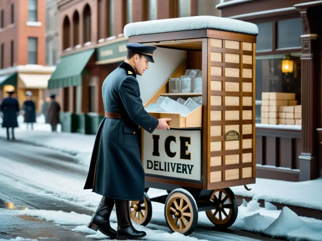 Un repartidor de hielo abastece un antiguo refrigerador de madera en una bulliciosa calle de principios del siglo XX, evocando la historia de la refrigeración de alimentos