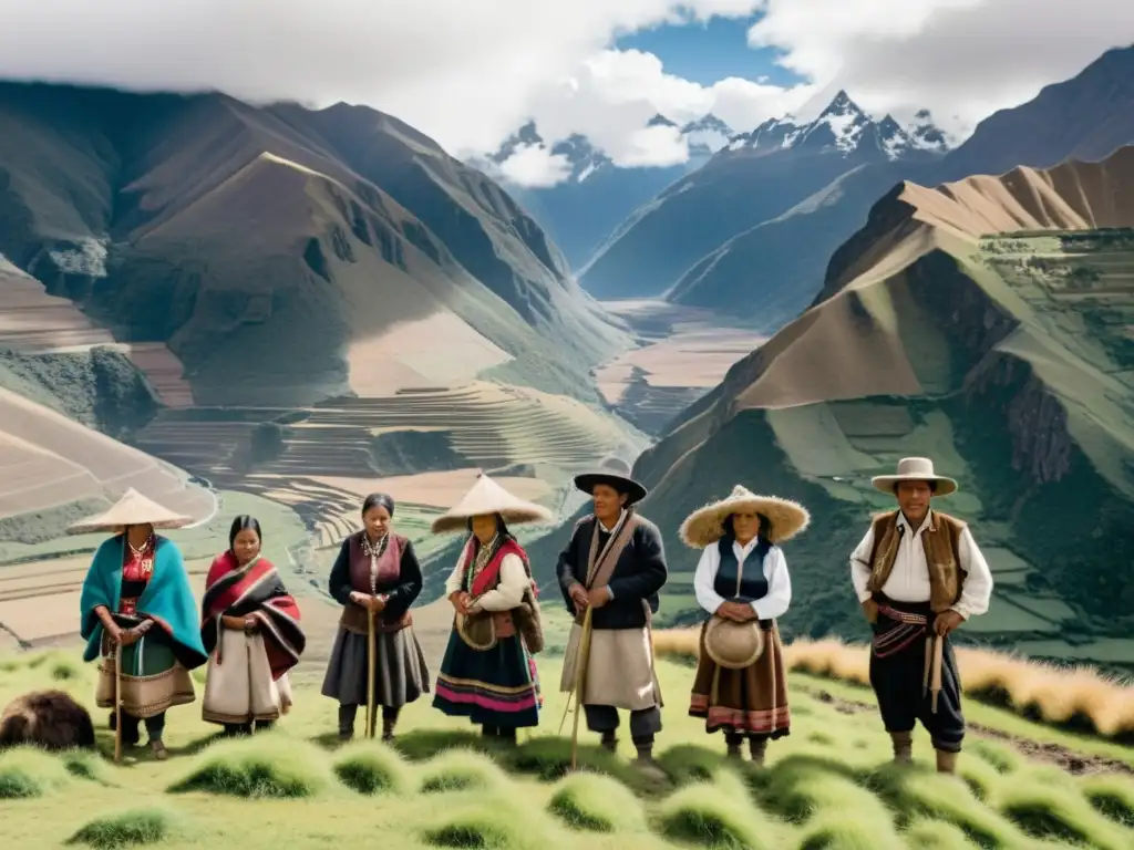 Un retrato en blanco y negro de miembros de una comunidad andina, rodeados de montañas, mostrando tecnologías adaptativas y la vida en alturas