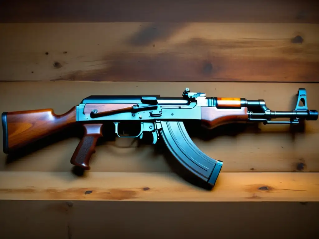 Un rifle AK47 en primer plano, con un fondo vintage desgastado