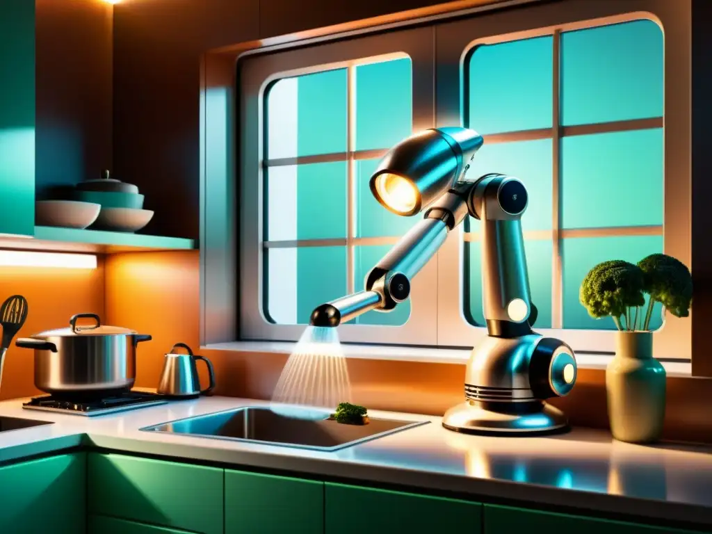 Un robot con apariencia vintage realiza tareas domésticas con elegancia futurista en una cocina retrofuturista