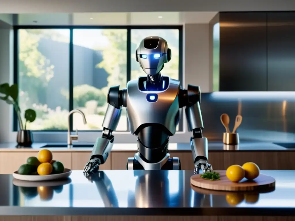 Un robot avanzado ayuda a una familia en la cocina moderna, mostrando la integración de la IA en la vida diaria