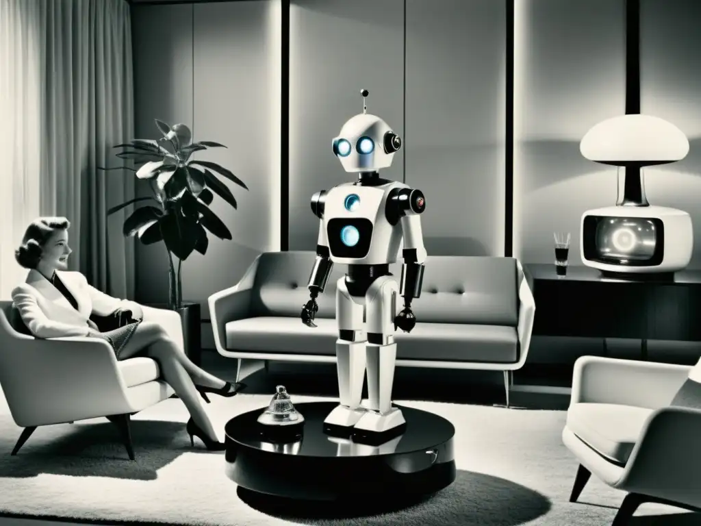 Robot sirviendo bebidas a una familia en sala de mediados de siglo con muebles retrofuturistas