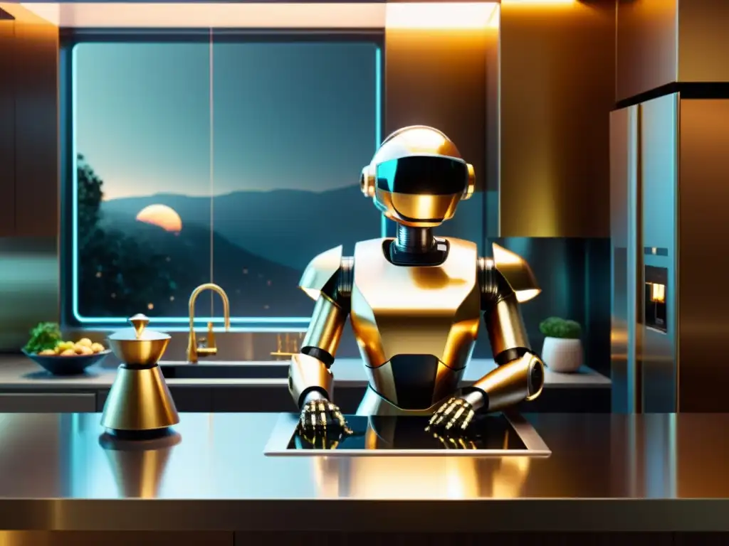 Un robot de cocina del futuro prepara con elegancia una comida gourmet en una cocina futurista