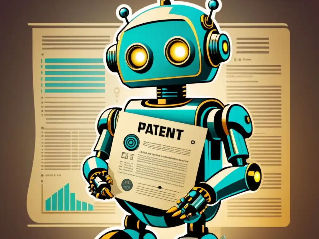 Robot futurista con patente: fusión vintage y tecnológica Un robot futurista sostiene un documento de patente entre engranajes y símbolos tecnológicos