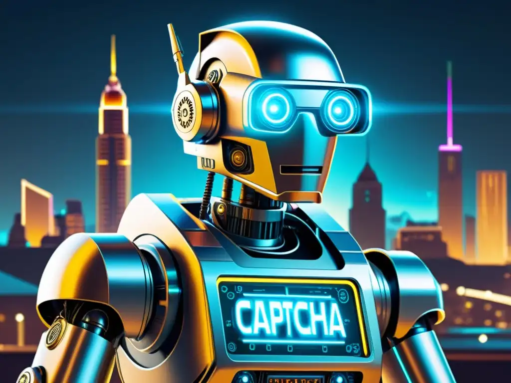 Robot futurista interactuando con CAPTCHA en una ciudad retrofuturista Un robot futurista interactúa con el CAPTCHA, mostrando el desarrollo del CAPTCHA en inteligencia artificial