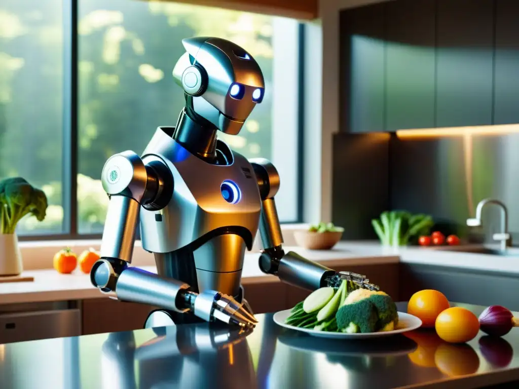 Un robot humanoide prepara una comida gourmet en una cocina moderna, demostrando avance historia robótica compañeros hogar con elegancia y precisión