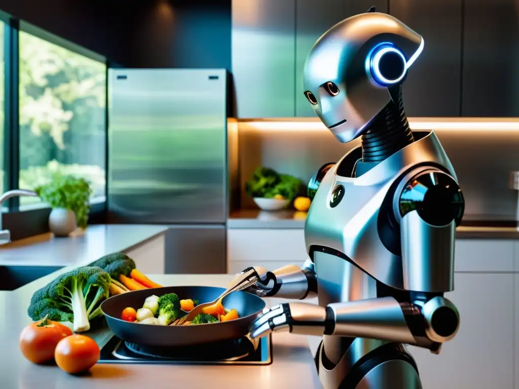 Un robot plateado prepara una comida gourmet en una cocina moderna, mientras una familia conversa en armonía