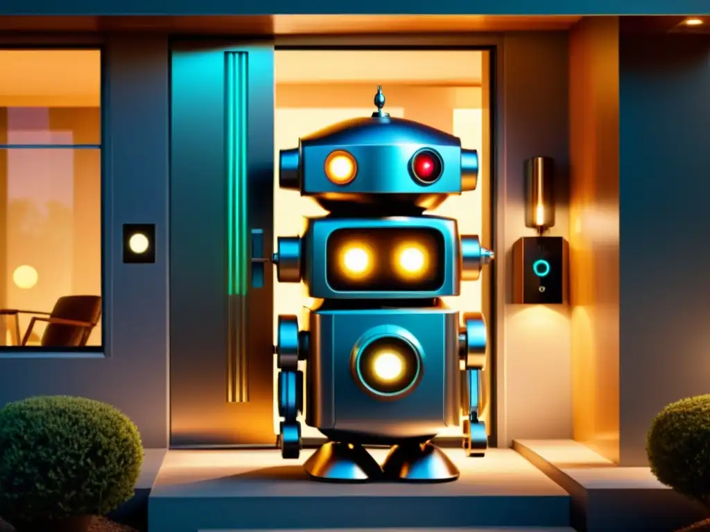 Un robot de seguridad del hogar con encanto vintage en la puerta principal, fusionando robótica en seguridad del hogar con nostalgia y tecnología futurista en un ambiente retro de mediados de siglo