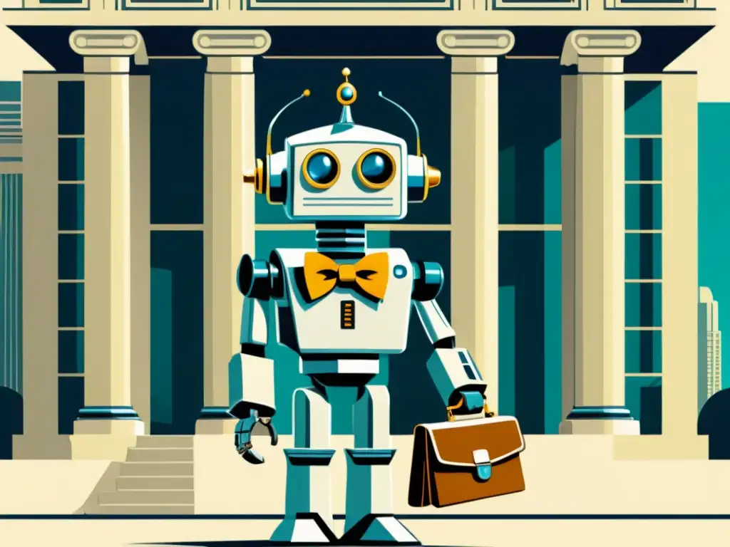 Un robot vintage elegante con corbata y maletín frente a un banco clásico, evocando confianza y tradición