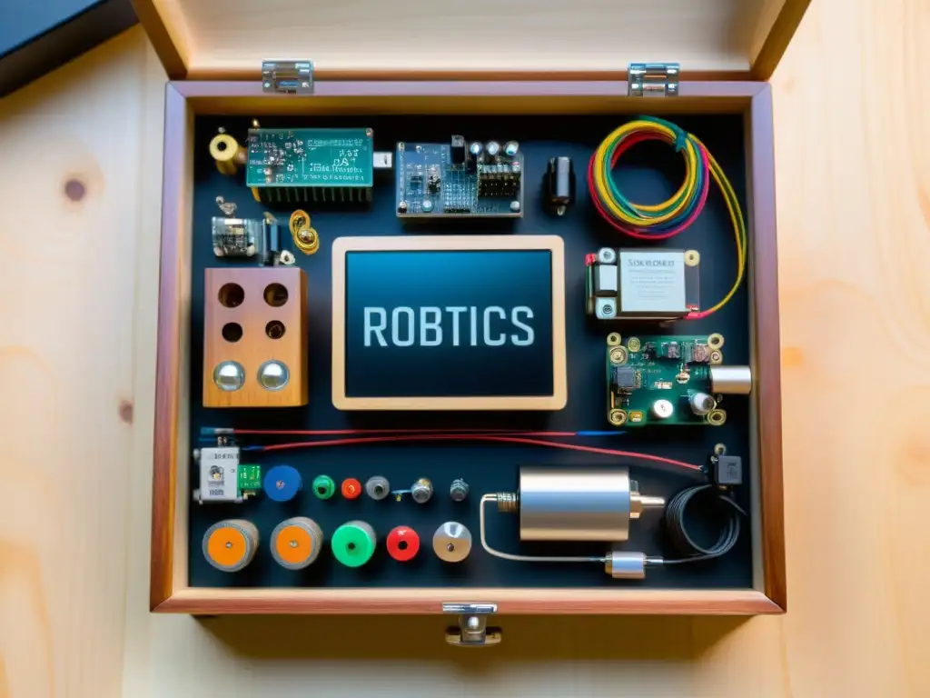 Robótica educativa para inventores: Un kit vintage de robótica con componentes organizados en una caja de madera, iluminados por una suave luz cálida