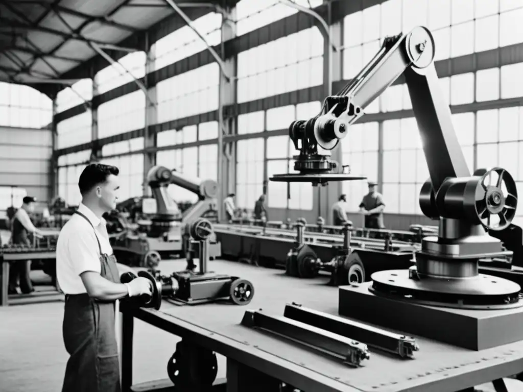 Robótica vintage en fábrica: avance historia robótica, compañeros de trabajo en entorno industrial