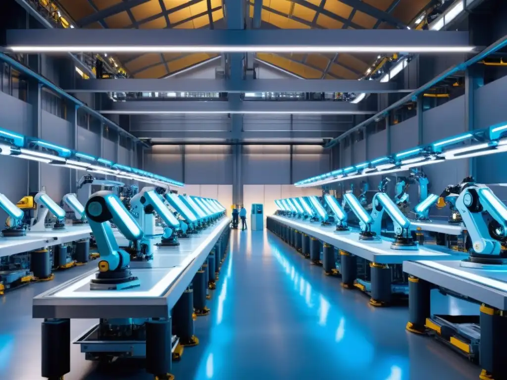 Robots y humanos trabajan en armonía en un entorno laboral futurista iluminado por un suave resplandor azul