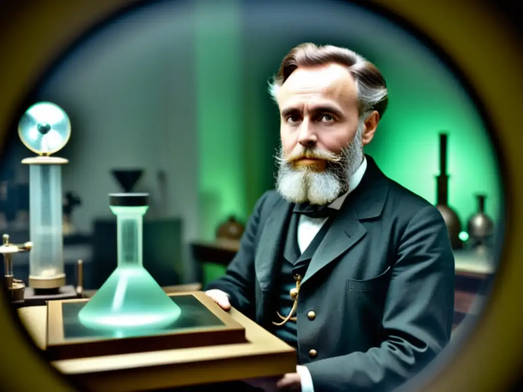 Wilhelm Conrad Röntgen descubre los rayos X en su laboratorio, rodeado de equipos científicos