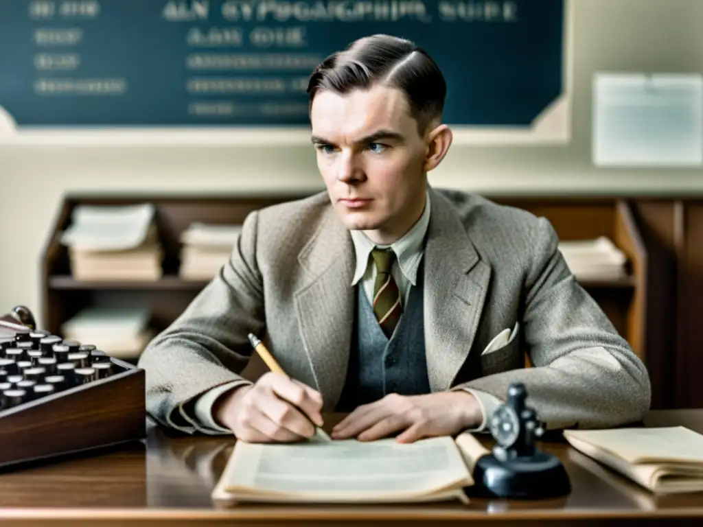 Alan Turing trabajando intensamente en la ruptura del código Enigma durante la Segunda Guerra Mundial, rodeado de documentos y sumergido en la criptografía moderna y ciberseguridad