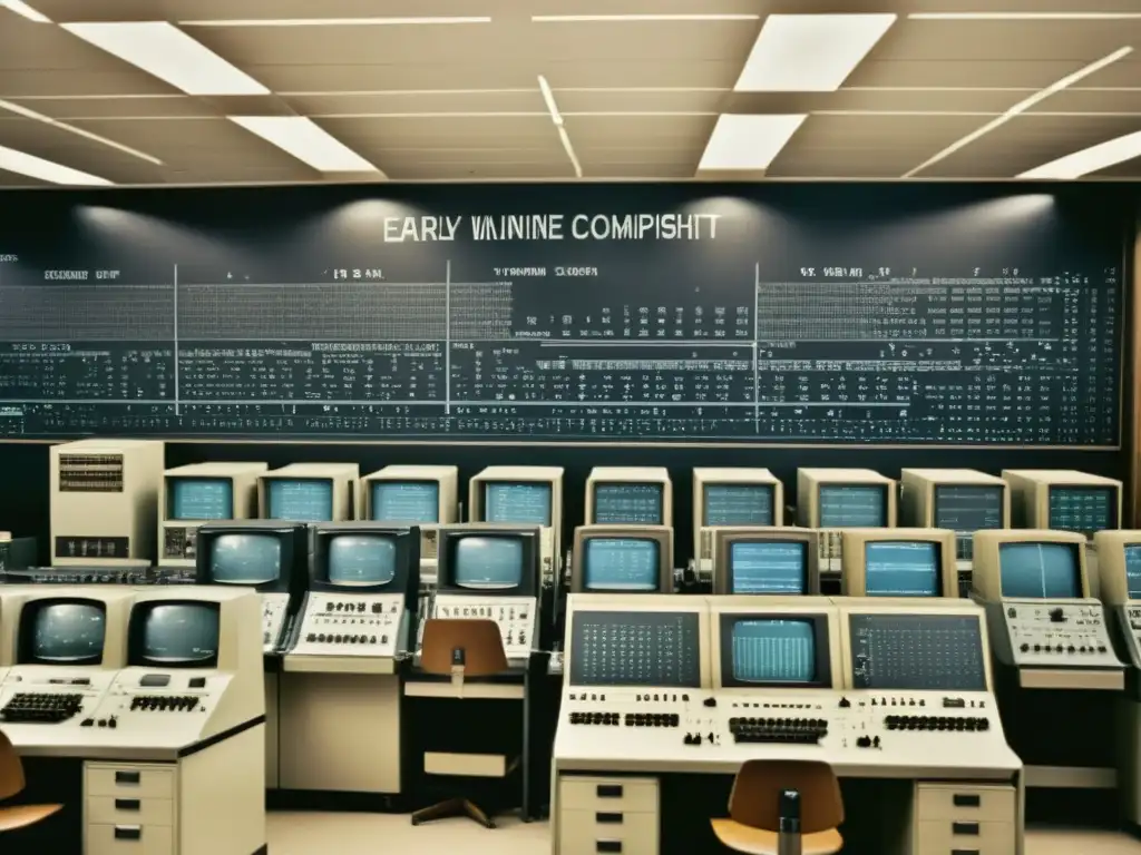 Sala llena de computadoras de los 60, científicos trabajando en complejas ecuaciones