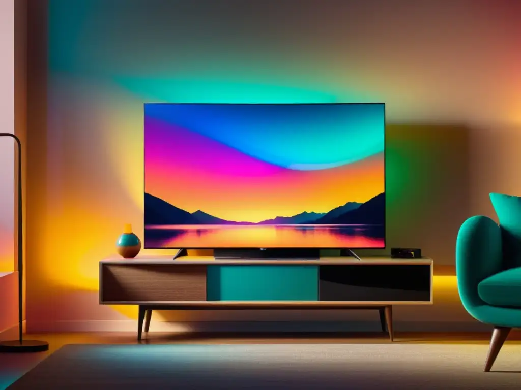 Una sala retro minimalista con una moderna televisión OLED que crea un ambiente acogedor y futurista