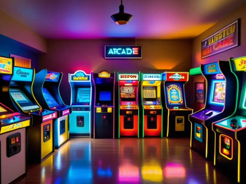 Un salón de arcade vintage con luces de neón iluminando máquinas clásicas y jugadores de todas las edades