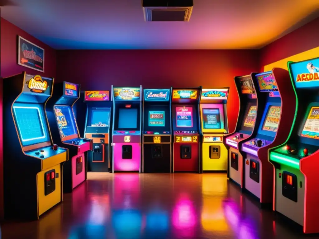 Un salón de arcade vintage con luces de neón, máquinas clásicas y gente diversa disfrutando