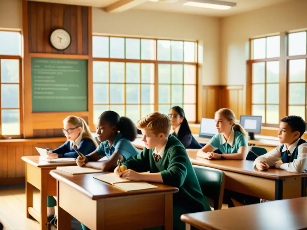 Salón de clase vintage con aprendizaje adaptativo software educativo en ambiente inclusivo y colaborativo