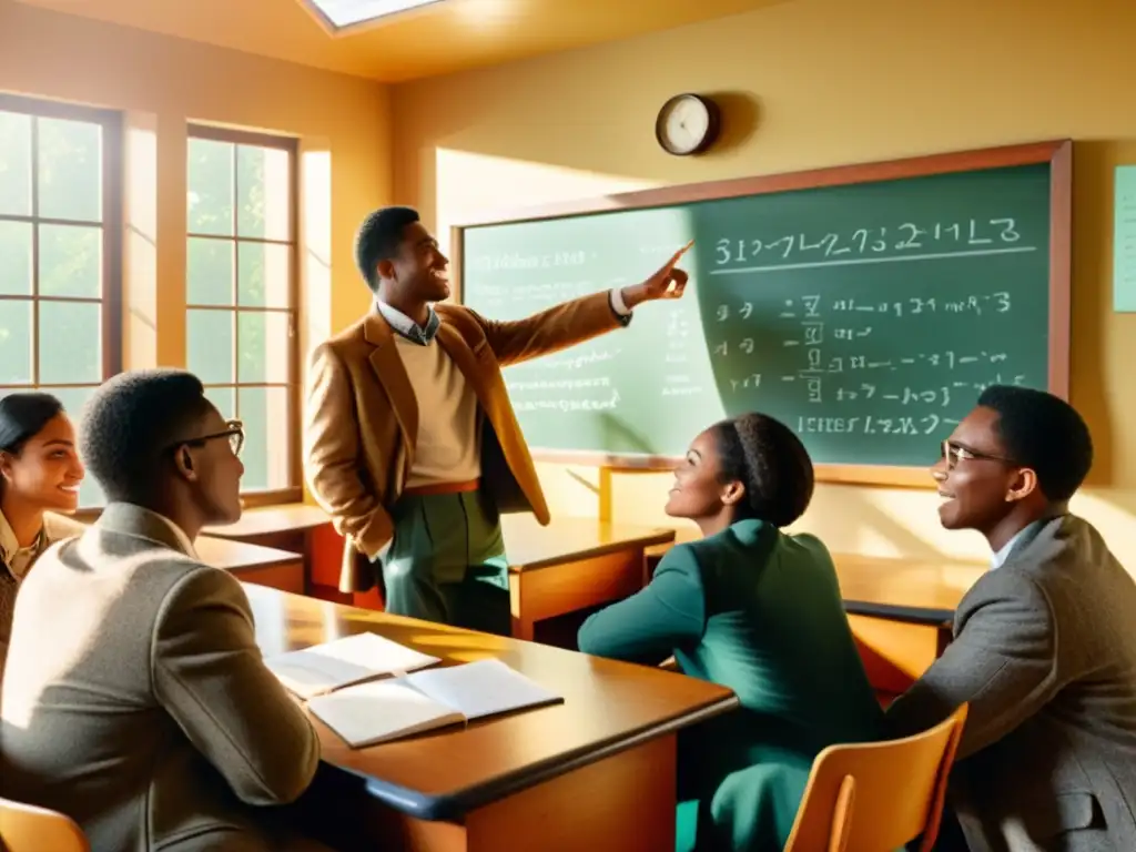 Salón de clase vintage con estudiantes diversificados participando en una animada discusión, mientras el maestro explica conceptos con pasión