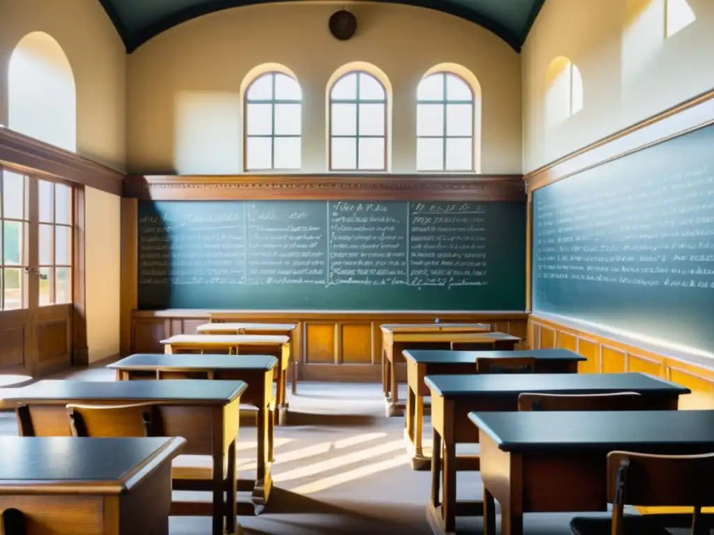 Un salón de clases antiguo con escritorios de madera vintage, pizarrones y luz solar, evocando el aprendizaje individualizado con Big Data