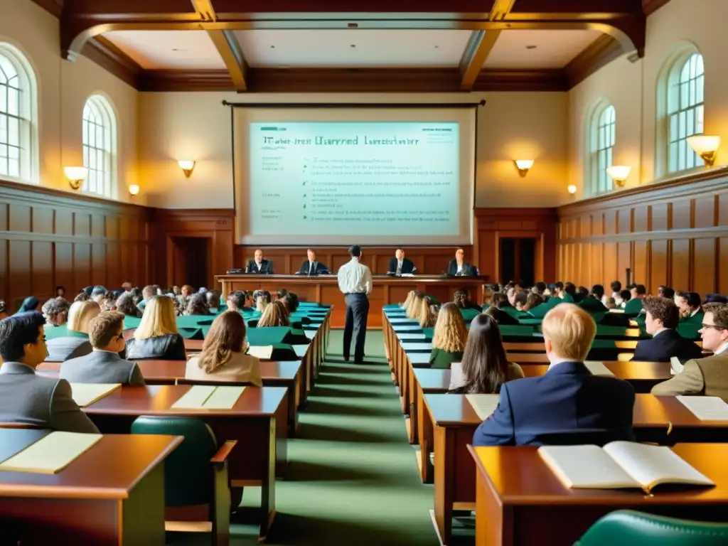 Salón de clases antiguo en Harvard con profesor y estudiantes tomando notas