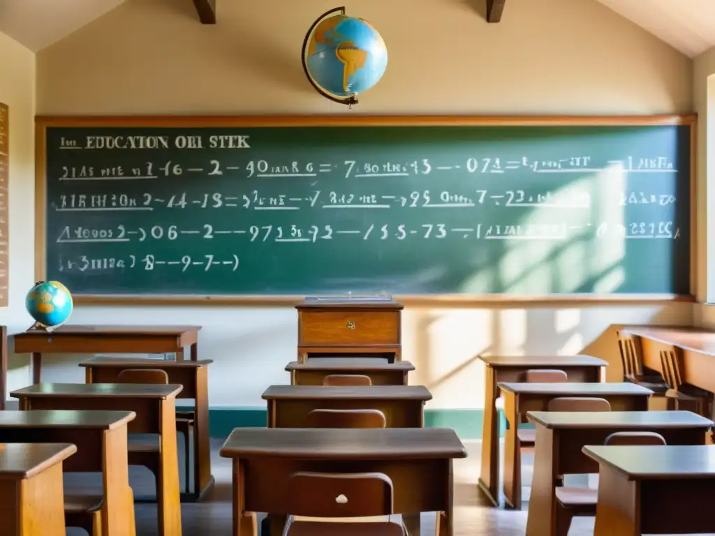 Salón de clases vintage con escritorios y sillas de madera, pizarrón lleno de ecuaciones, luz solar entrando por las ventanas