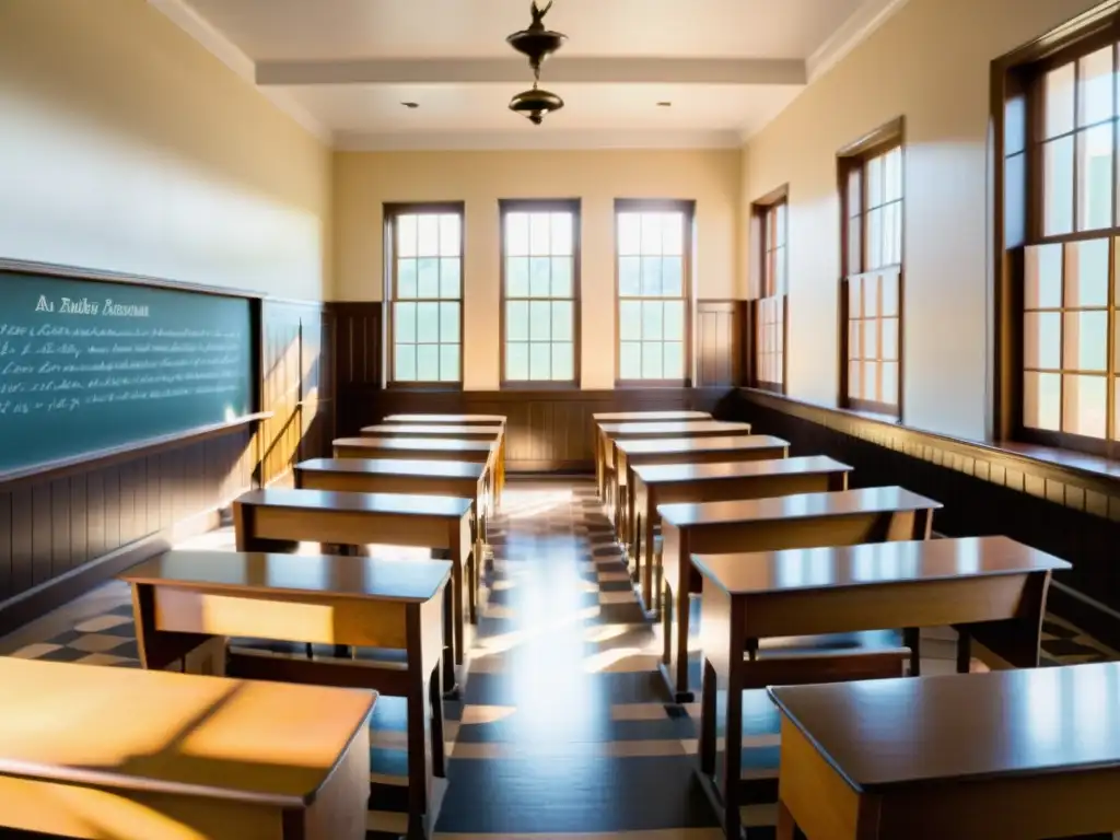 Salón de clases vintage con escritorios de madera y luz cálida