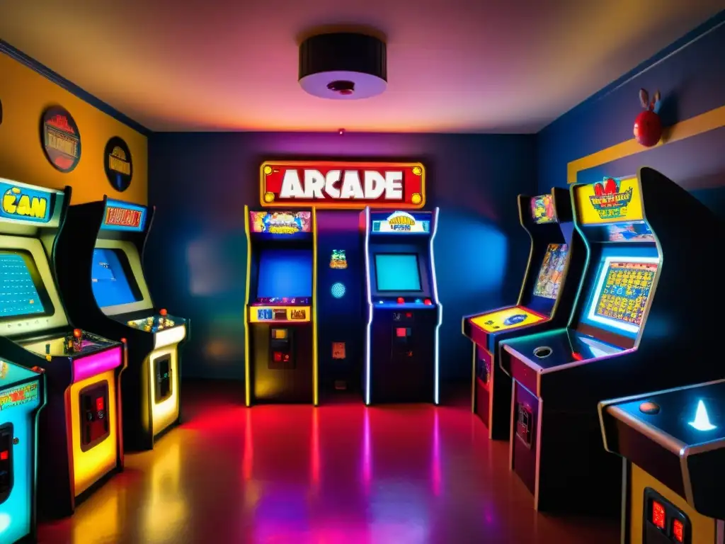 Un salón de juegos vintage con luces tenues y máquinas de videojuegos clásicas como PacMan, Space Invaders y Donkey Kong