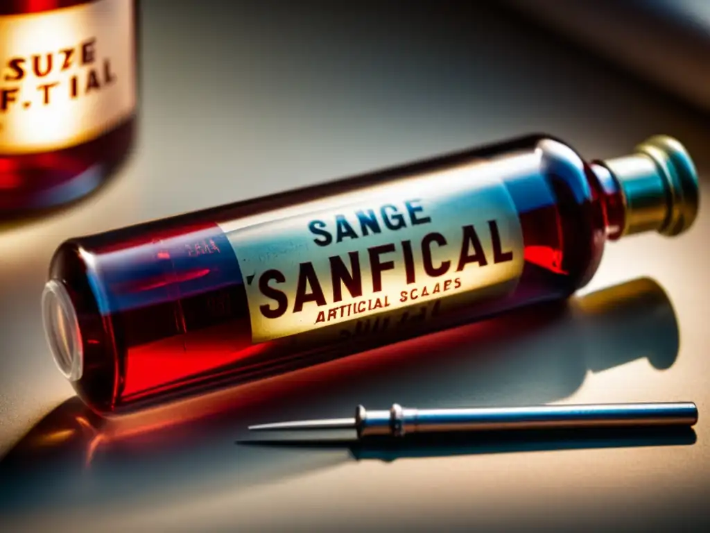 Sangre artificial en vial vintage rodeado de instrumentos médicos antiguos, evocando avances en medicina y emergencias