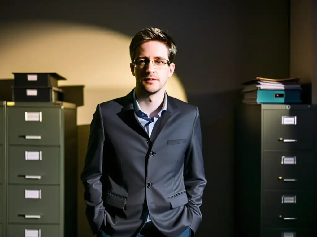 Edward Snowden en habitación secreta, rodeado de documentos antiguos