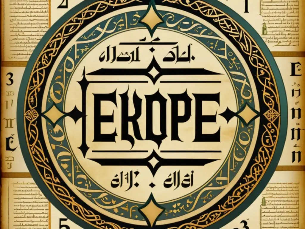 Un ilustración vintage de la adopción del sistema numeración árabe en Europa, con un erudito medieval estudiando símbolos numéricos rodeado de pergamino y textos antiguos