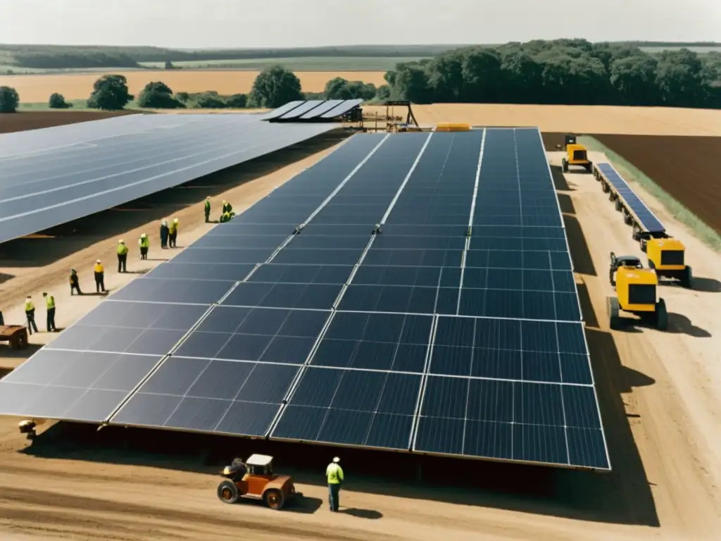 Sistemas de calefacción solar históricos: Trabajadores en instalación industrial de paneles solares en blanco y negro