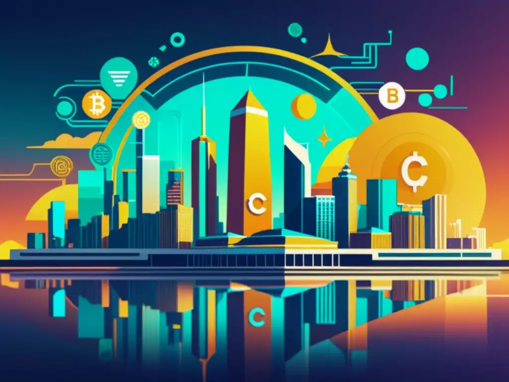 Skyline futurista con símbolos de criptomonedas, reflejando armonía entre tecnología y energía sostenible, impacto ambiental criptomonedas consumo energético