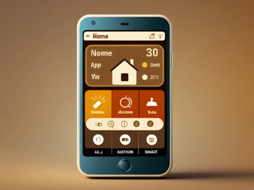 Ilustración vintage de un smartphone con una app de control domótico en la pantalla