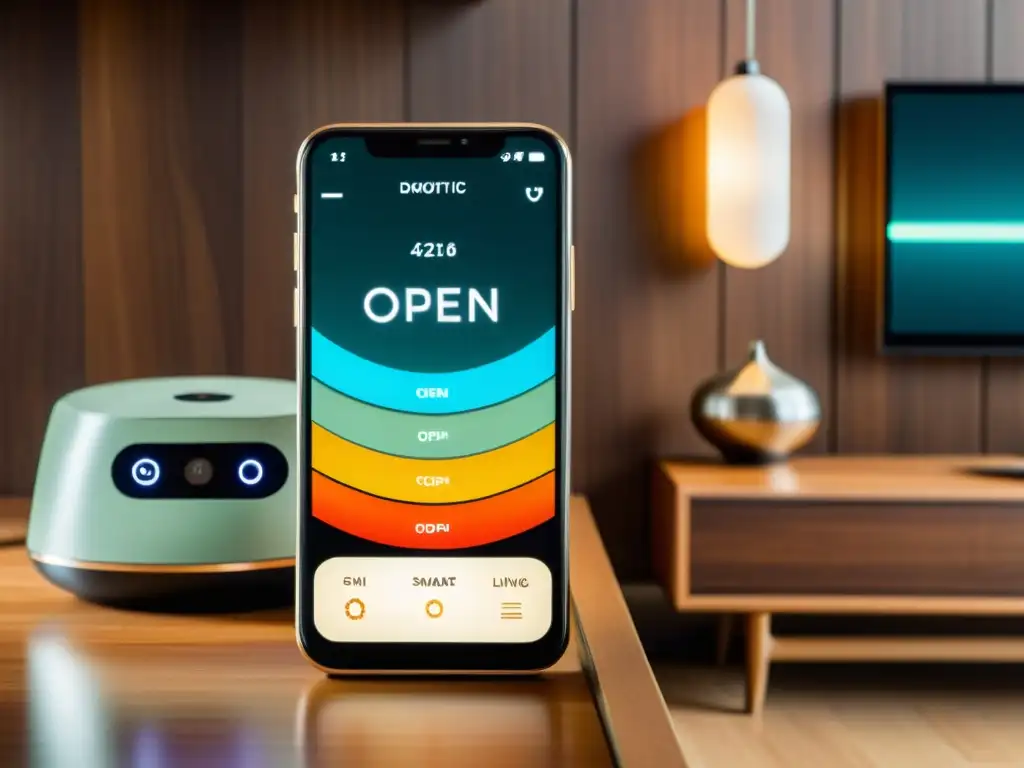 Un smartphone futurista con una app de control domótico en un ambiente vintage