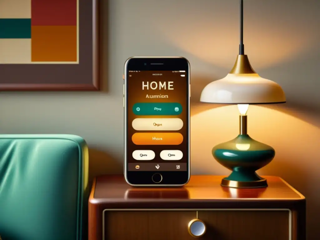 Un smartphone vintage muestra una app de control domótico en una interfaz clásica en un acogedor salón retro con muebles de mediados de siglo