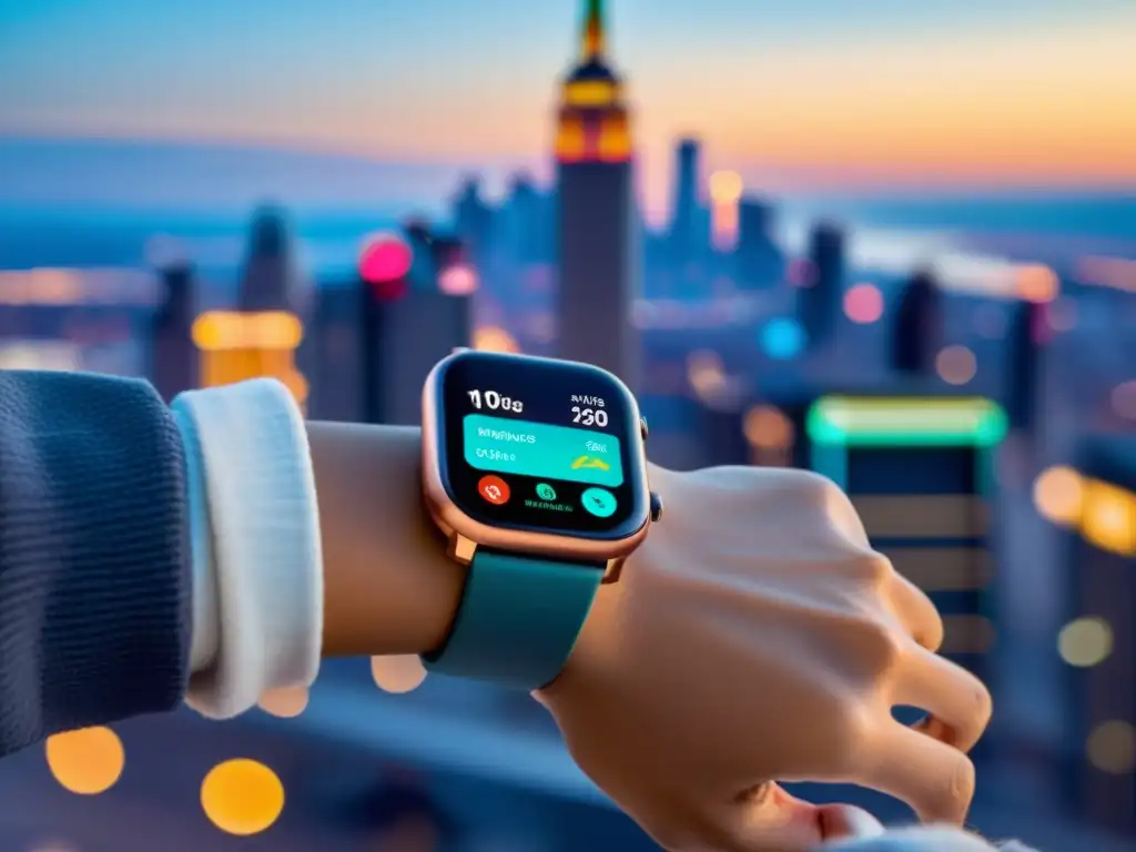 Un smartwatch y auriculares inalámbricos en una ciudad futurista al atardecer, combinando tecnología vestible para moda salud