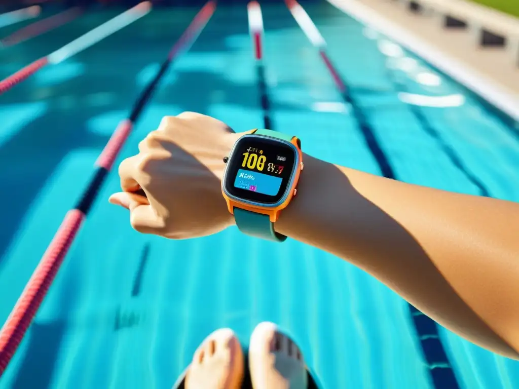 Un smartwatch a prueba de agua para natación en una escena vintage junto a una piscina brillante bajo el sol